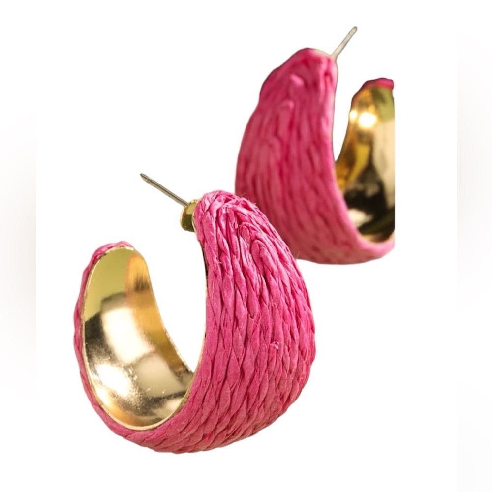 PINK LINEN RAFFIA 14K Gold plated WIDE HOOP EARRINGS